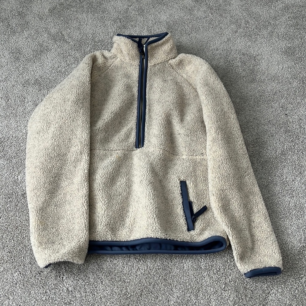 cream and blue colored homage sweater jacket